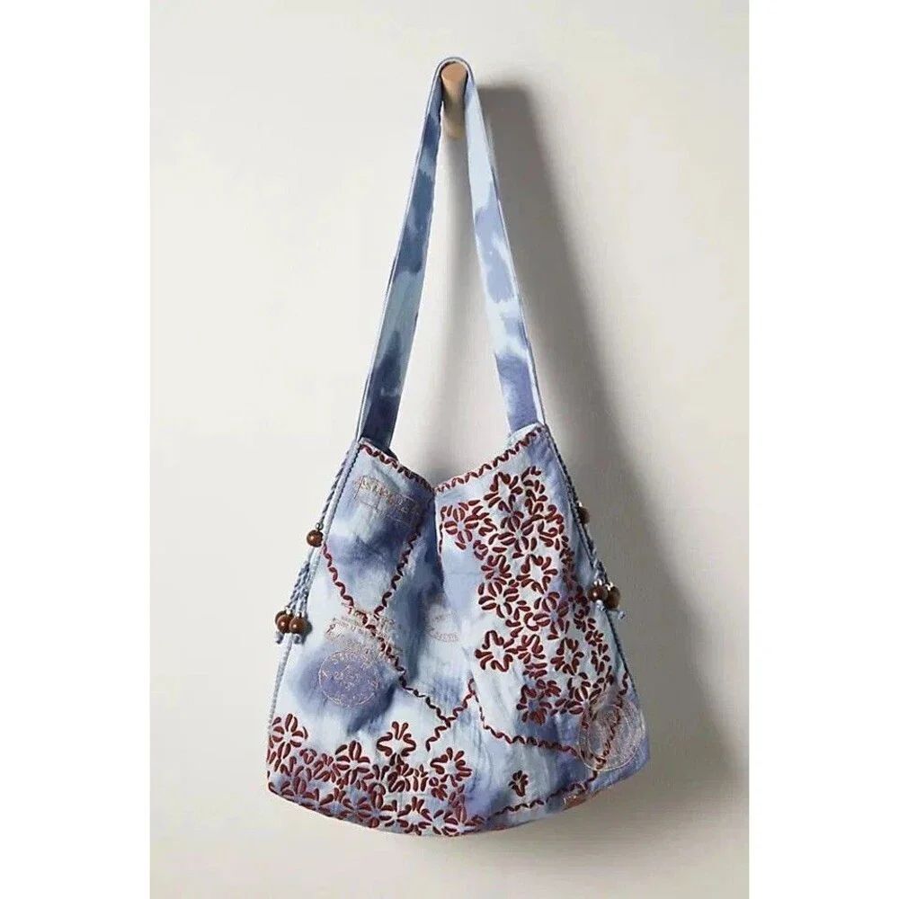 Free People Elsi Embroidered Carryall Blue Boho Bag Beaded Cotton NWT